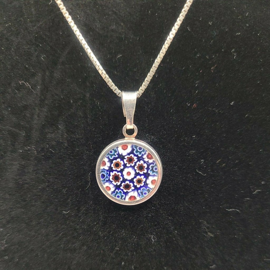 Italian Murano Millefiori Glass Flower Pendant Charm 925 Chain Necklace
